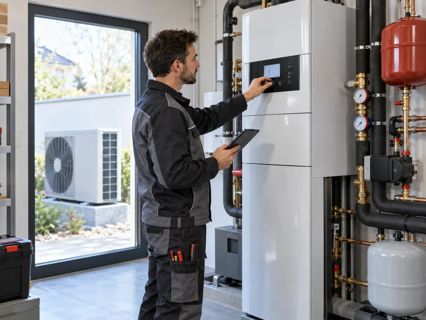 Technicien contrôlant une installation de pompe à chaleur