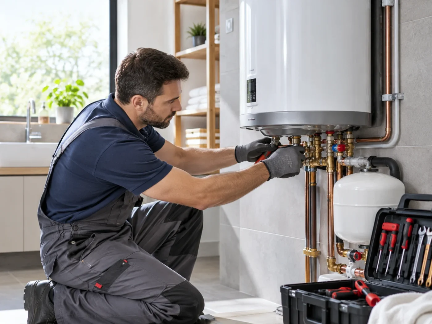 Technicien intervenant sur un chauffe-eau