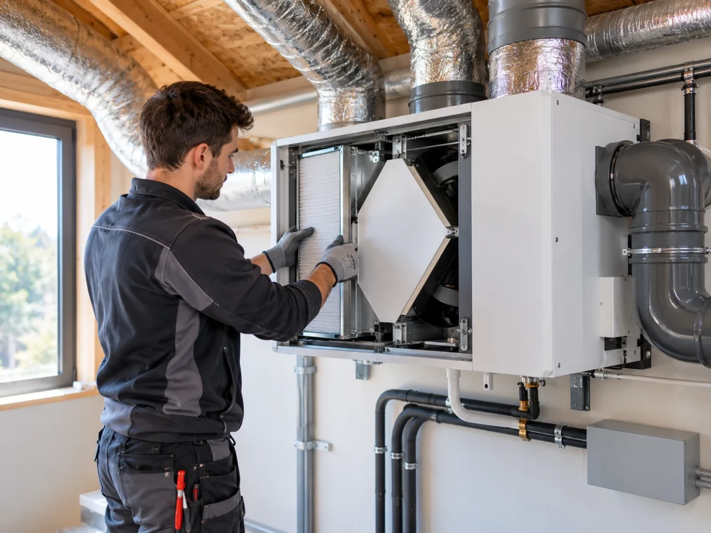 Technicien contrôlant un système de ventilation